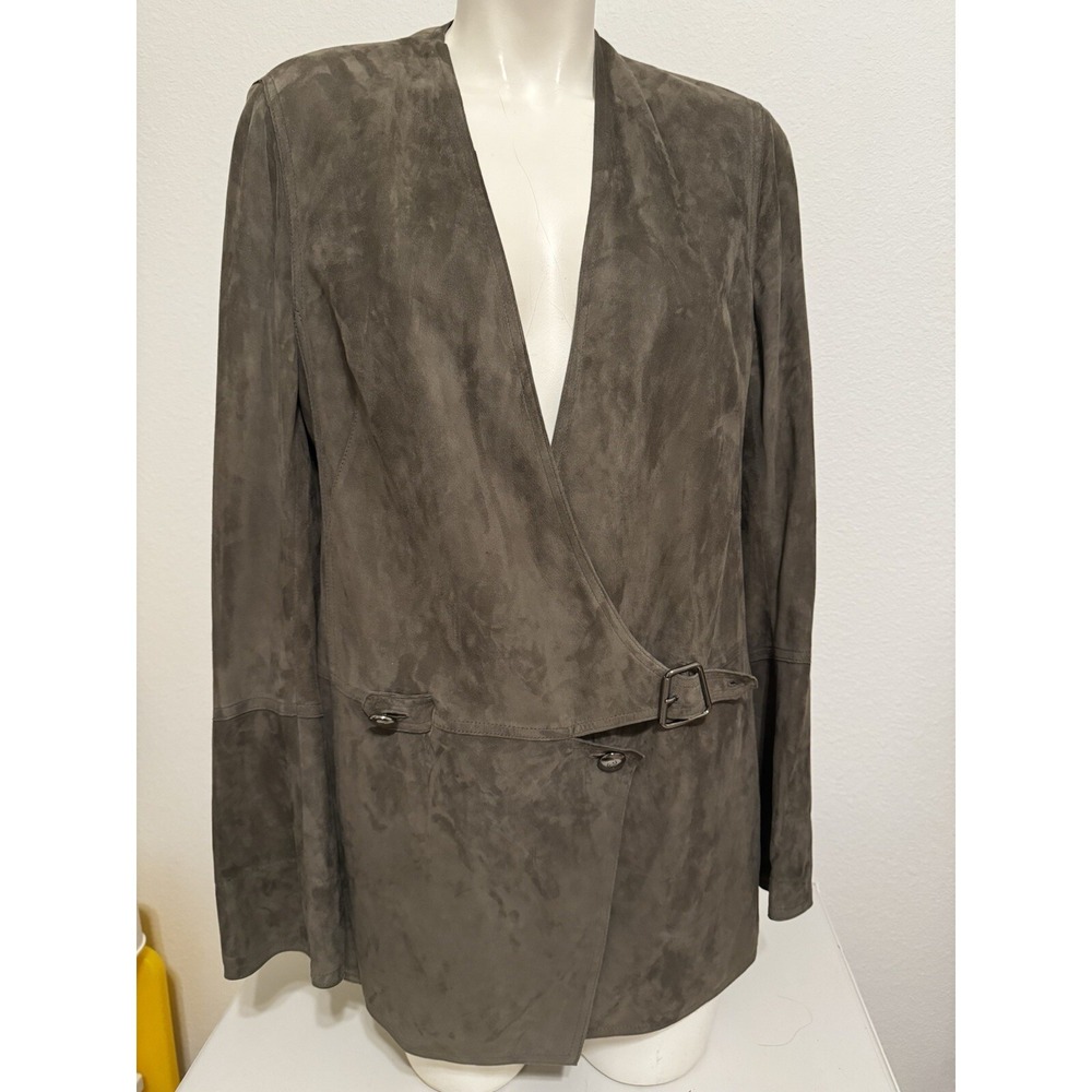 $2800 AKRIS Gray Taupe Goat Skin Suede Artsy Buttons Buckle Blazer‎ Jacket 10